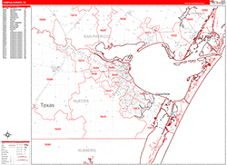 Corpus Christi Wall Map Zip Code Red Line Style 2026